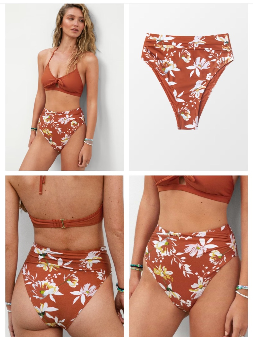 Cupshe Rust Floral High-Waist Bikini Bottom- XL